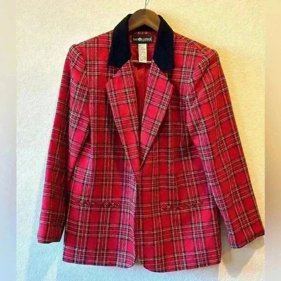 Vtg Sag Harbor Blazer Women’s‎ 8 Red/Black Tarton Plaid Wool Velvet Suit Jacket - Picture 1 of 9